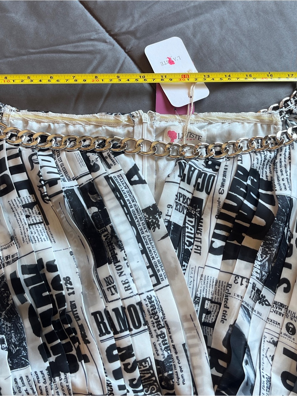 L'ATISTE Black and White Newspaper Print Maxi Dress with Silver Lining - Picture 6 of 9